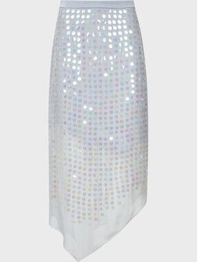 Cushnie High Waisted Sheer Skirt, Silk, Silver Asymmetrical Sequins Iridescent